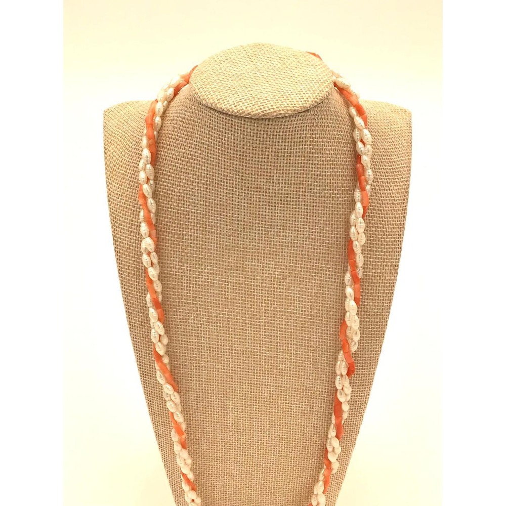 Vintage Multi Strand Freshwater Rice Pearl Salmon Coral Twisted Necklace 22 Inch